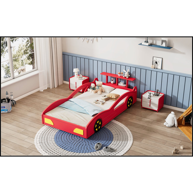 Lit de voiture de course en bois, lit plateforme simple en forme de voiture avec roues pour adolescents, rouge et jaune, design accrocheur et fonctionnel