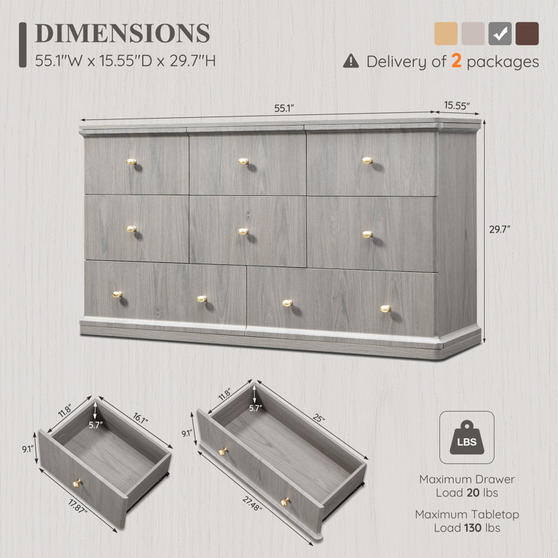 Commode 8 tiroirs pour chambre Abarca, Gris, 8
