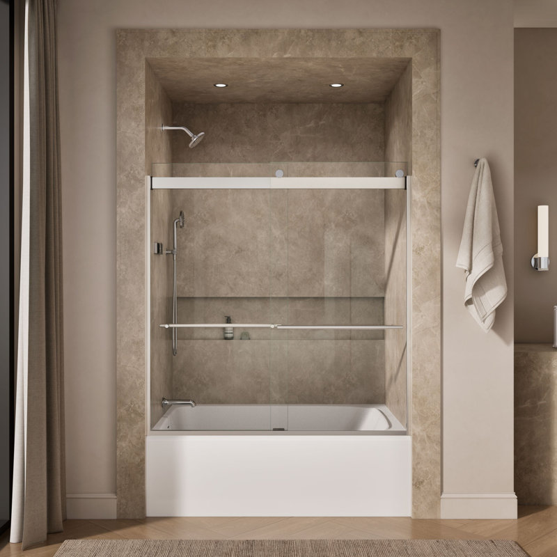 Levity Plus Less Sliding Bath Door, 61-9/16 In. H X 56-5/8 - 59-5/8 In. W, With 5/16 In.-Thick Crystal Clear Glass, Silver