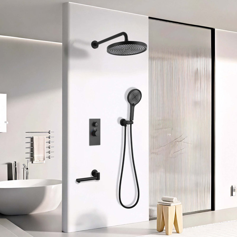 Ensemble de système de douche à 3 fonctions de luxe - valve de contrôle en laiton massif, douche de tête 10 po, douchette à 3 jets avec douchette de baignoire