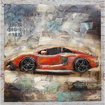 Voiture de sport de luxe orange, Lamborghini, art mixte 3D, peinture murale, métal, bois
