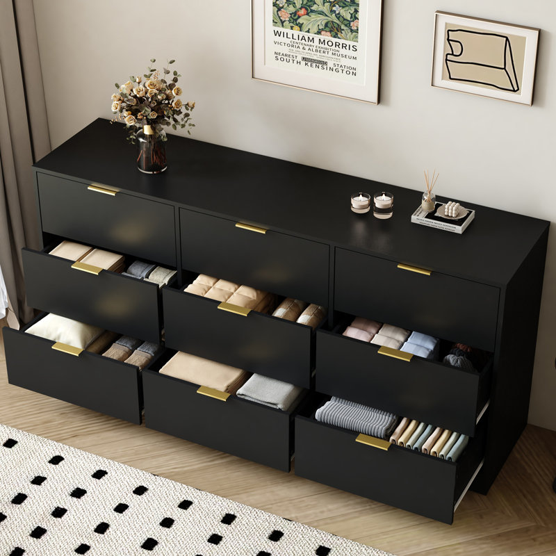 Commode 9 tiroirs, commode large en bois, Noir