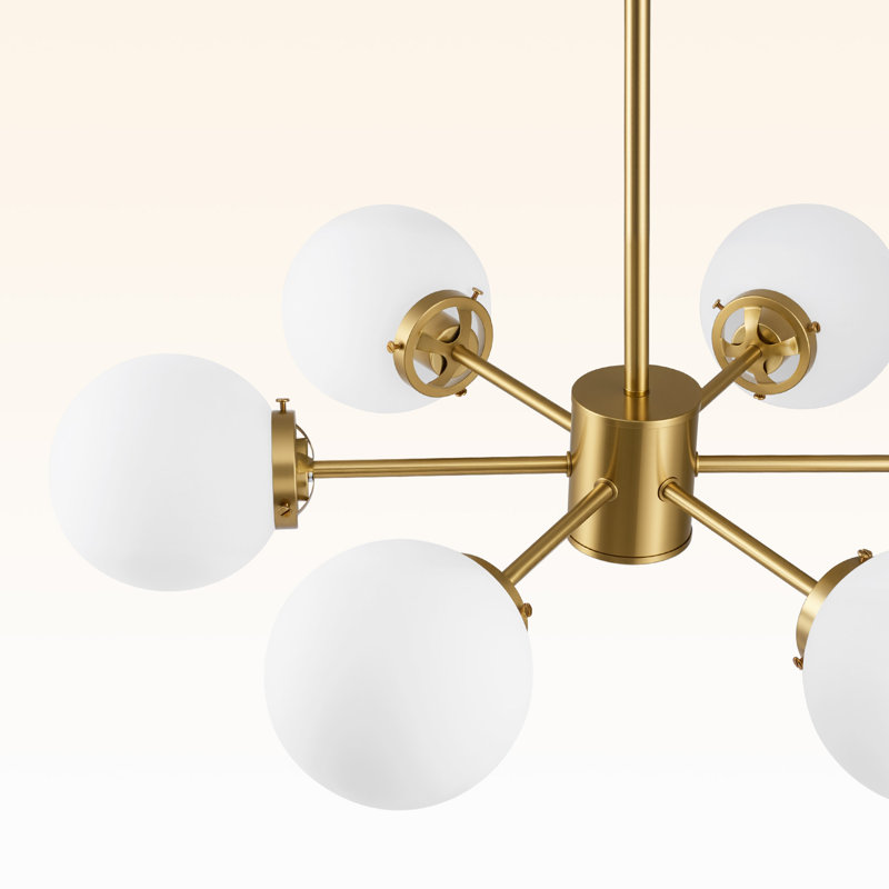 Lustre spoutnik moderne à 6 lumières à intensité variable avec globes de verre dorés, Doré, Six lumières