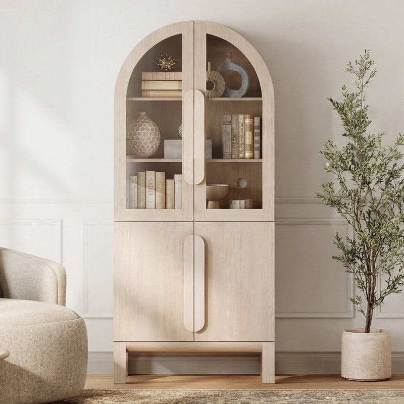 71"H Arched Bookshelf, Modern 5 Tier Bookcase With Cabinet, Wooden Display Cabinet With Glass Doors And Adjustable Shelves, Versatile Bookshelf For Living Room, Study, Office