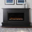 Modern Ember Patton electric fireplace mantel in black with a linear firebox featuring a glowing log and crystal flame effect.