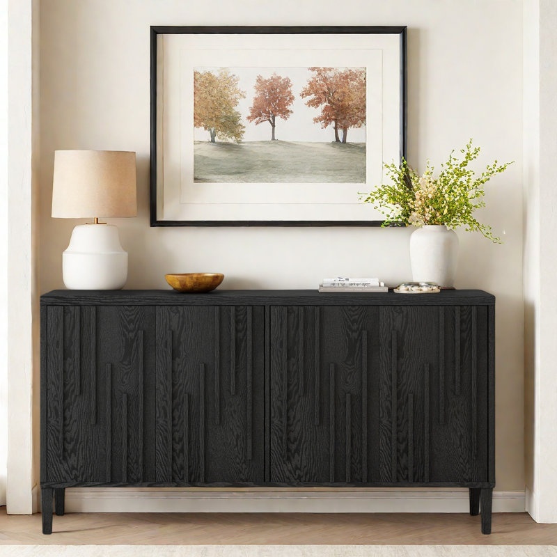 Farmhouse Sideboard With Hidden Handle And Distinctive Solid Ash Veneer, Black