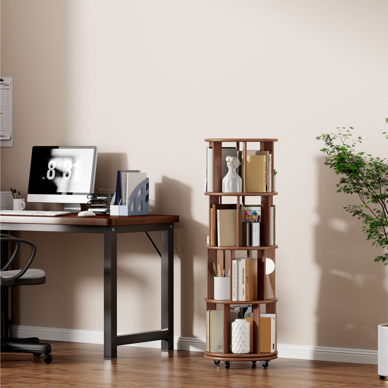 Bibliothèque rotative 100% bois massif sur roulettes, (4 tablettes) H 52,6 po x l 17,3 po x P 17,3 po