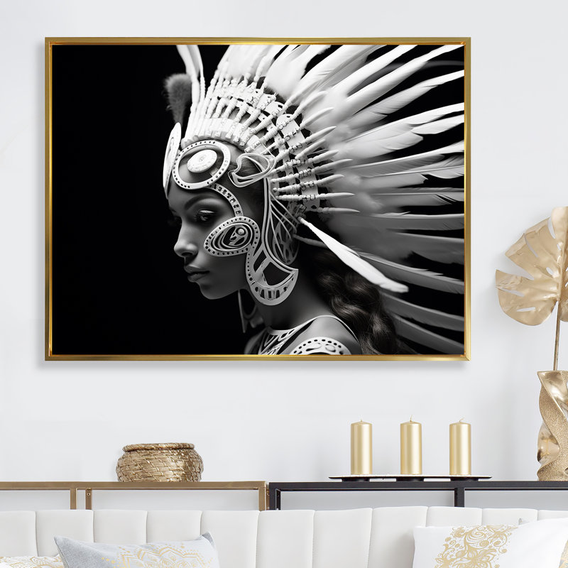 Impression sur toile, "Native Spirit" en noir et blanc, Cadre flottant doré, H 12 po x l 20 po x P 1 po
