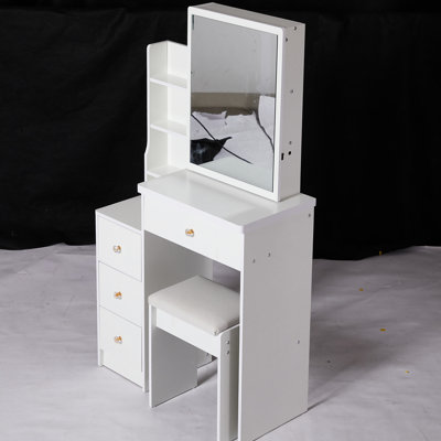 Left Bedside Vanity Table For Tiny Spaces, With Cushioned Seat & Extra Large Sliding Mirror, Multi-Layered Storage, Stylish White Dresser Compact Areas Vanity, Comes Stool Multi-Layer Chic Small