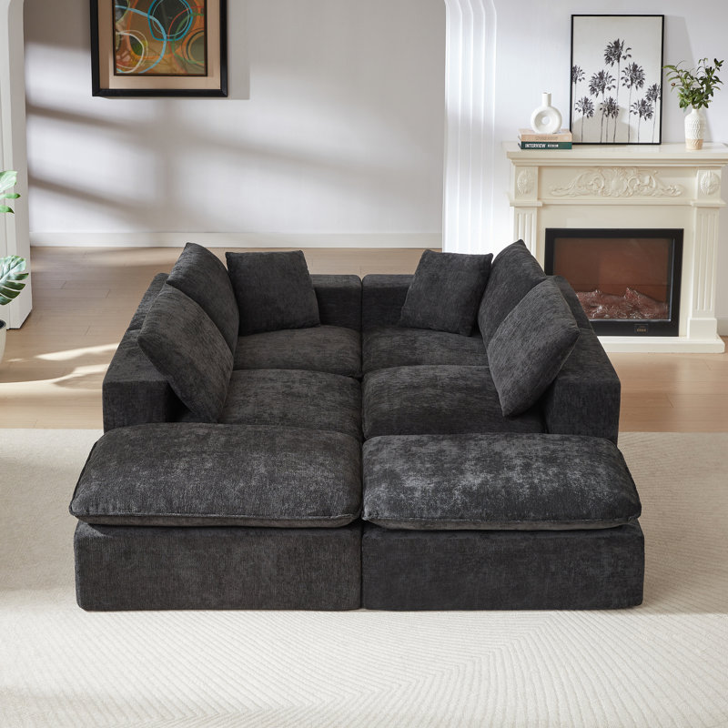Canapé modulaire rembourré modulaire en chenille désossée à compression, sans assemblage, Noir, Forme en U (6 places)