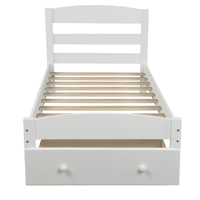 Structure de lit plateforme simple avec tiroir de rangement et support en lattes de bois sans sommier, Blanc