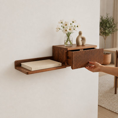 Cubette Wooden Wall Shelf with Storage Drawer - Modern Floating Wall-Mounted Shelf, Decorative Display Shelf for Living Room, Bedroom, or Entryway