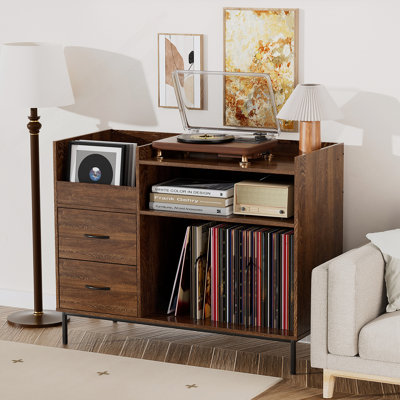 Record Player Stand With Storage For 500+ Albums, Mid-Century Modern Turntable Shelf & Drawers  Sturdy Wood & Metal Audio Console For Living Room