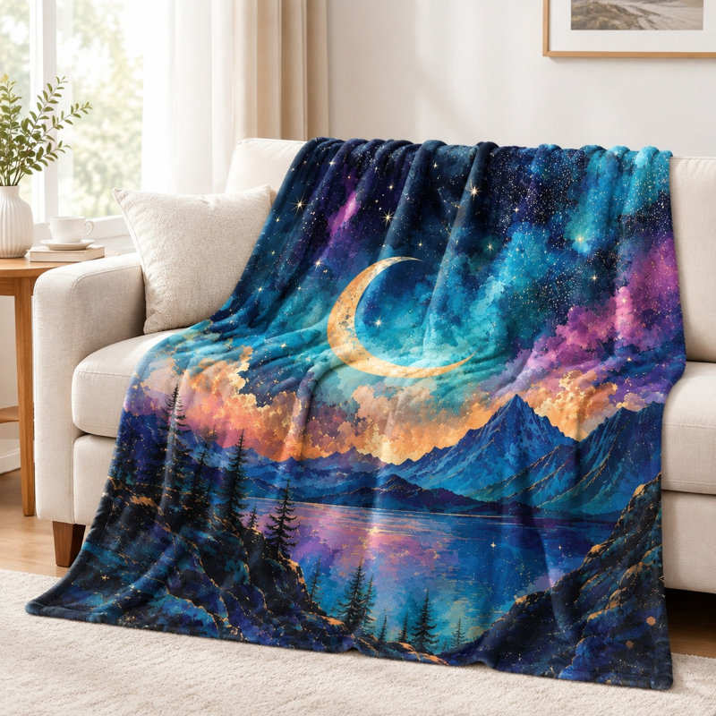 Stunning Moon and Mountains Landscape Blanket - Vibrant Galaxy Sky, Serene Lake Reflection, Artistic Design, Lightweight, Breathable, All-Season, Skin-Friendly, Machine Washable, Decorative, for Sofa, Couch, Living Room and Bedroom