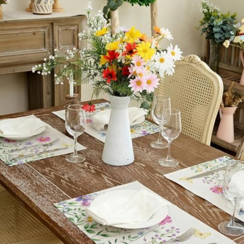 Daisy Butterfly Spring Summer Placemats 12x18 Inch Set of 4, Wildflower Table Mats Farmhouse Rustic Holiday Kitchen Dining Decorations for Indoor Outdoor Dinner Party Décor Pink