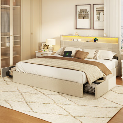 Bed Frame with 4 Underbed Drawers and Open Storage Headboard, Upholstered Platform Bed with Adjustable LED Light and Charging Station, No Box Spring Needed,Beige