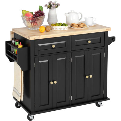 Rolling Kitchen Island With Drop Leaf, Thicken Rubberwood Top, Spice Rack, Towel Rack, Drawer, 43.3" Portable Mobile Kitchen Island Carts Table, Storage Cabinet, Both Wheels And Feet