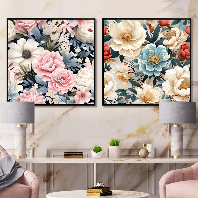 Alessia - Ensemble de salon floral 2 pièces, H 36 po x l 73 po x P 1,5 po, Cadre flottant noir