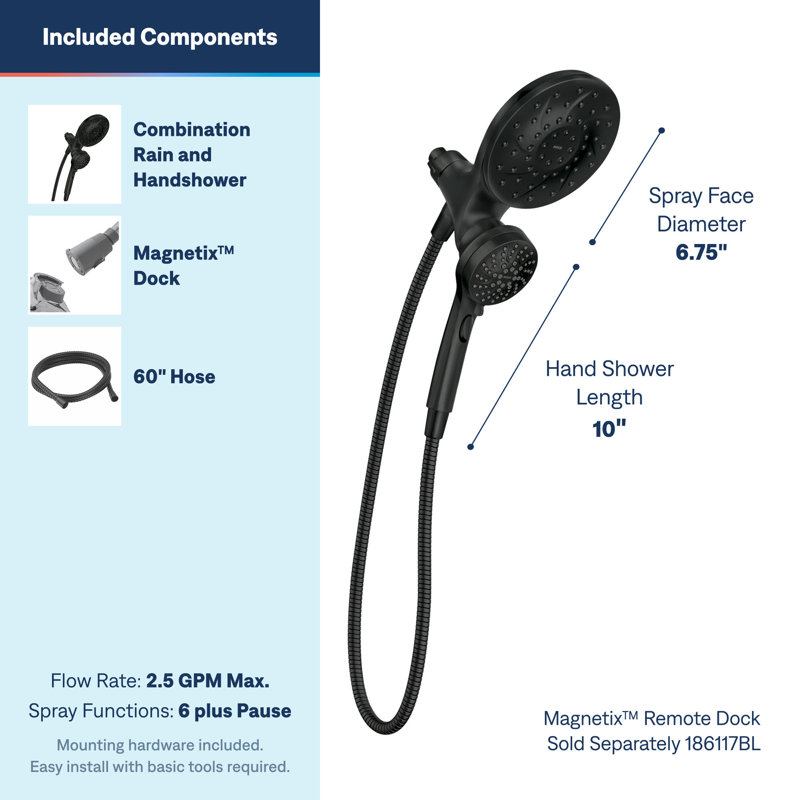 Pomme de douche à main à six fonctions de 6,5 pouces Engage avec système d'amarrage magnétique Magnetix