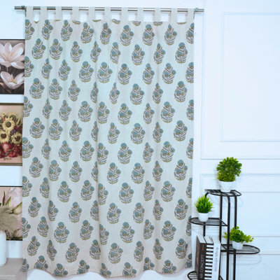 Hand-Block Printed Floral Medallion Viscose Linen Tab Top Curtains, Bohemian Blue Botanical Window Drapes