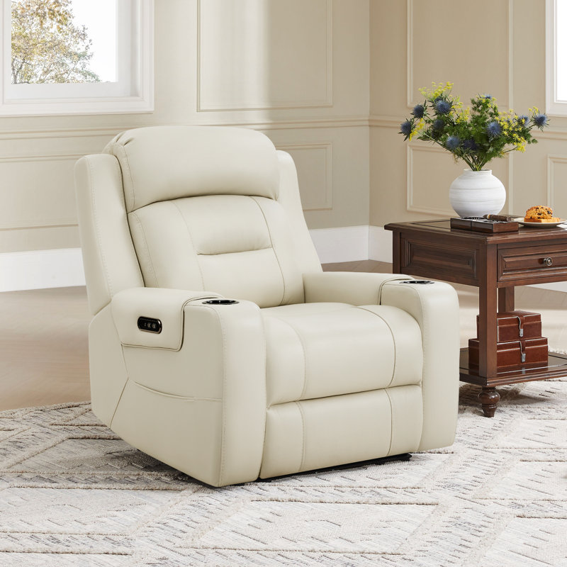 Fauteuil inclinable électrique double en cuir véritable avec repose-tête électrique Olathe, Crème
