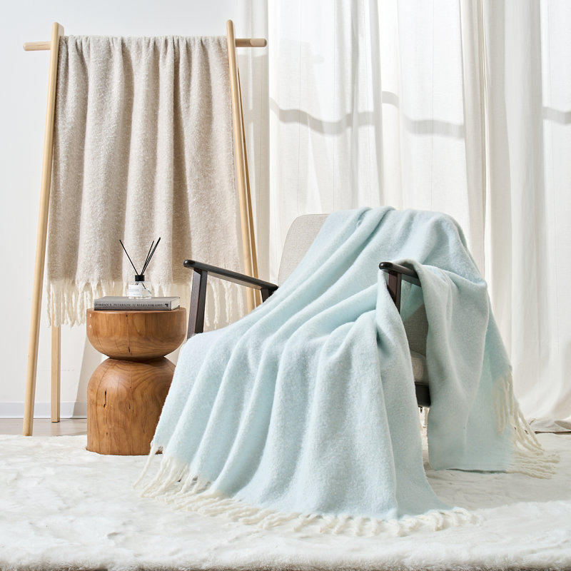 Faux Mohair Throw - Soft Fringed Blanket, Blue