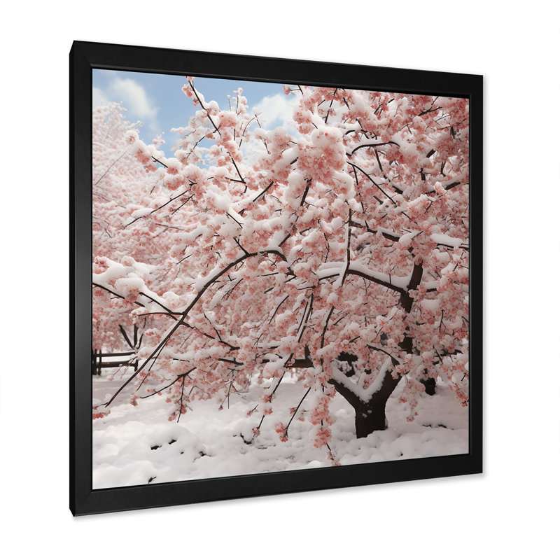 Hiver neige sur arbre de fleurs de cerisier roses - Art mural fleur de cerisier, Cadre simple noir