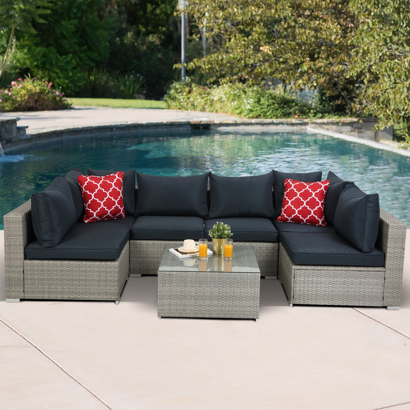 HIFINE-Ensemble de canapé modulaire d'extérieur en rotin de 7 pièces avec 2 coussins et table basse, Bleu foncé