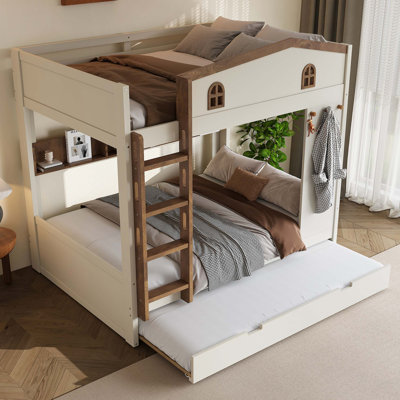 Lit superposé double au-dessus de double avec lit gigogne et tablettes de rangement, lits superposés en bois massif avec crochets, aucun sommier nécessaire et naturel