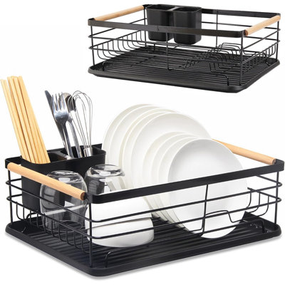 Dish Rack Drainer with Drip Tray and Wooden Handles