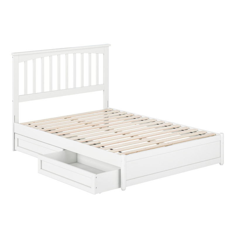 Lit plateforme en bois massif avec pied de lit et tiroirs sous le lit Asparas, Complète, Blanc
