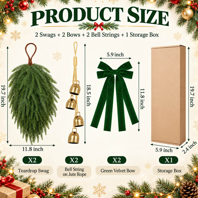 Lot de 2 guirlandes de Noël en pin Norfolk de 50 cm (20 po) en forme de larme avec des nœuds verts