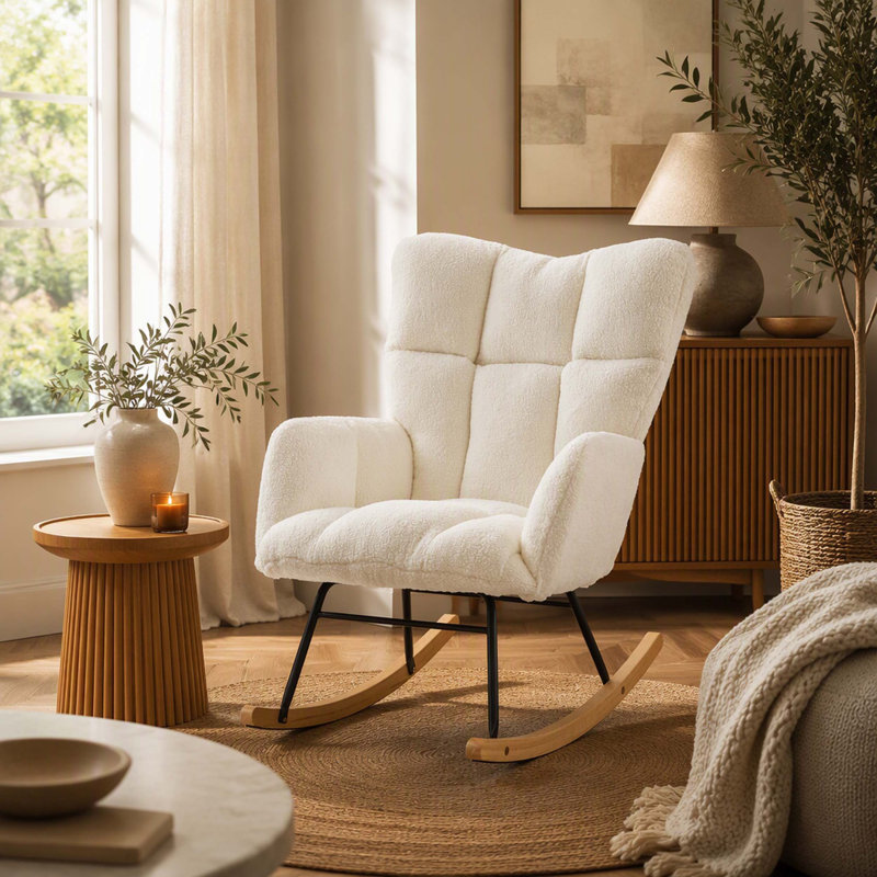 Fauteuil berçant et oscillant capitonné en tissu Teddy, Ivoire ivoire, Ivoire ivoire
