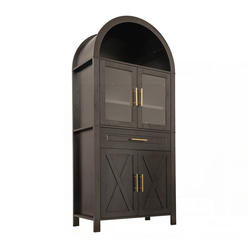 Garde-manger arqué avec tablettes réglables, rangement élégant avec porte en verre cachée pour la cuisine, le salon et la salle à manger
