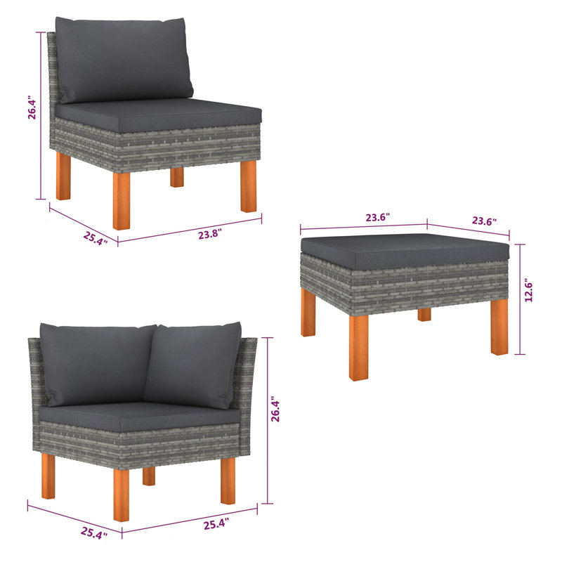 Ensemble de canapé modulaire d'extérieur 6 pièces Casey, rotin gris, bois massif