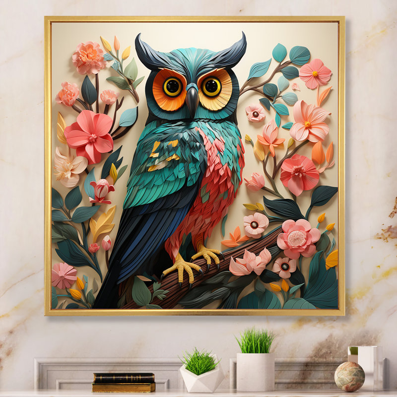 «Pink and Gren Owl In Matisse Style IV», art mural hibou, Cadre flottant doré, H 36 po x l 36 po x P 1,5 po