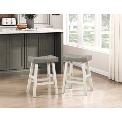 Transitional Solid Rubberwood Counter Height Stools, 2pcs, White And Coffee Enticement 2, Tone