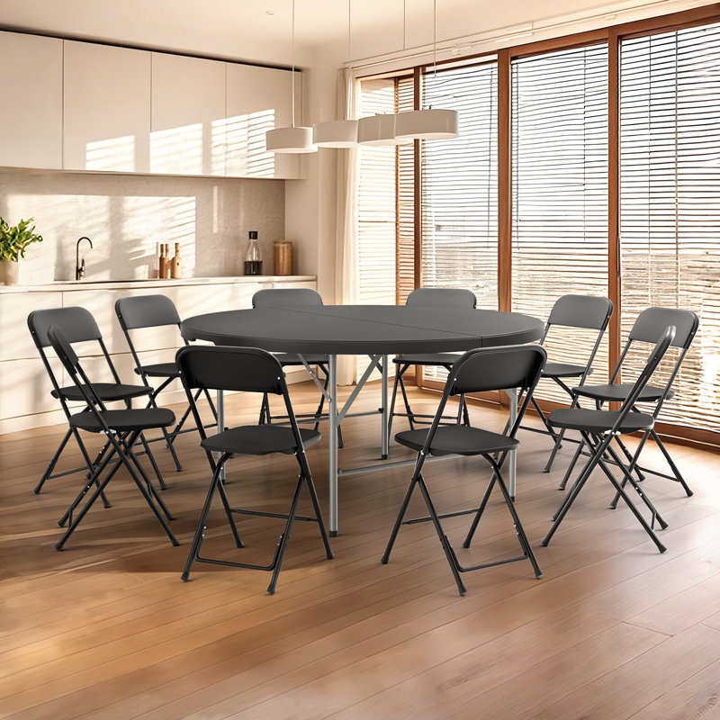 Table pliante en plastique avec 10 chaises pliantes pour l'extérieur, P 60 po x l 60 po x H 29,5 po, Noir, noir, noir, noir