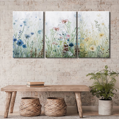Douce aquarelle imprimée de fleurs sauvages, prairie bleue, rose, jaune, coquelicot, art mural sur toile 3 pièces