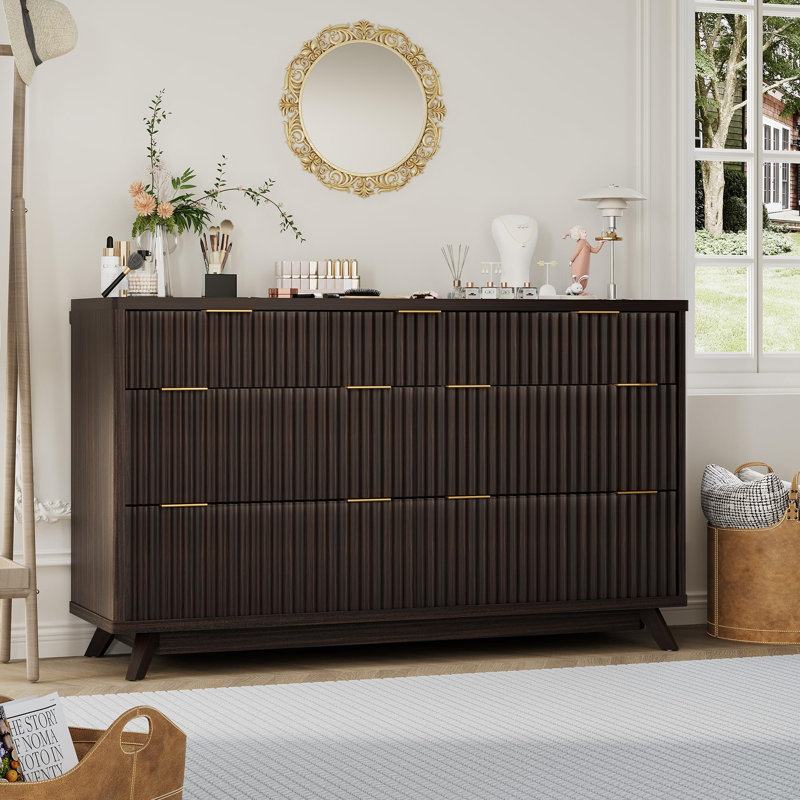 54" Fluted 7 Drawer Dresser with Curved Profile & Metal Handles, Mid-Century Wood Storage Chest, Walnut