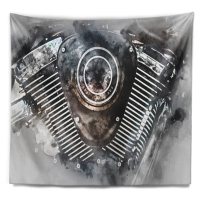 Polyester Motorcycle Engine Watercolor Tapestry with Hanging Accessories Included