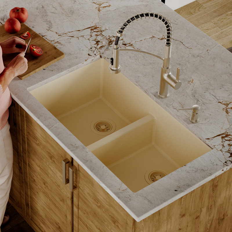 Karran Quartz 32'' X 19-1/2'' 50/50 Double Bowl Composite Undermount Kitchen Sink, Bisque