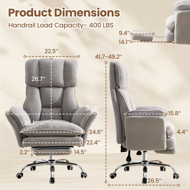 Executive Ergonomic Gaming Chair with Footrest, Teddy Fleece Wide Seat and Reclining Feature, light gray