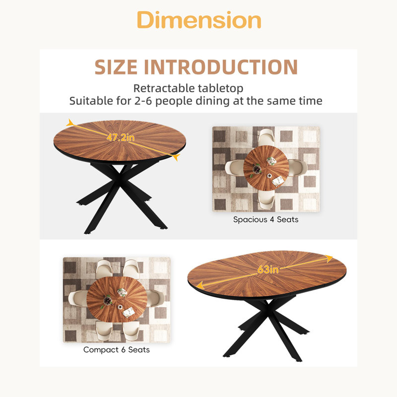 Table de salle à manger ronde extensible 47,2 "-63" pour 4-6, table en bois massif et structure en métal, mobilier de salle à manger