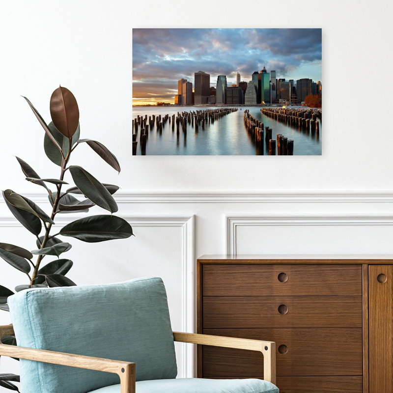 Manhattan Waterfront Colorful Dramatic Serene City Landscape Wall Art Print 1 Piece Wrapped Canvas Wall Art
