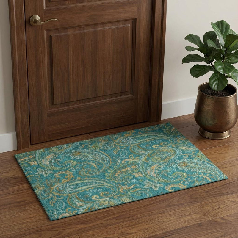 3' X 5' Teal Green And Gold Paisley Washable Area Rug With UV Protection
