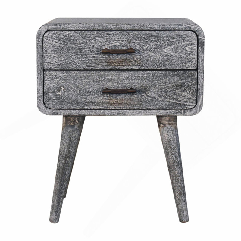 Table de chevet courbée en bois de frêne massif sablé, 2 tiroirs, gris