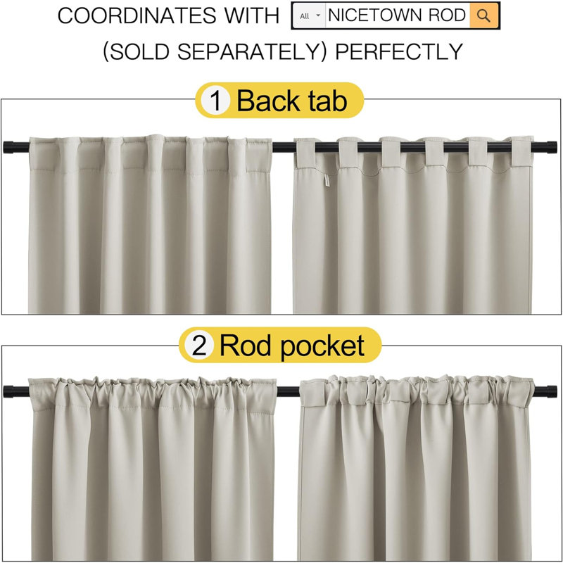 Blackout Curtain Light & Noise Reducing Room Darkening Drapes for Bedroom/Living Room/Kitchen, 2 Pieces, 52" W x 84" L