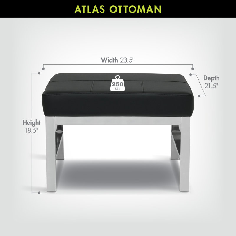 Atlas Modern Chrome and Leather Ottoman, Black