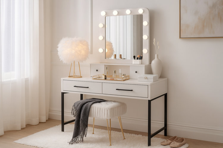 black and white vanity with a built-in lighted mirror and matching gold accent stool